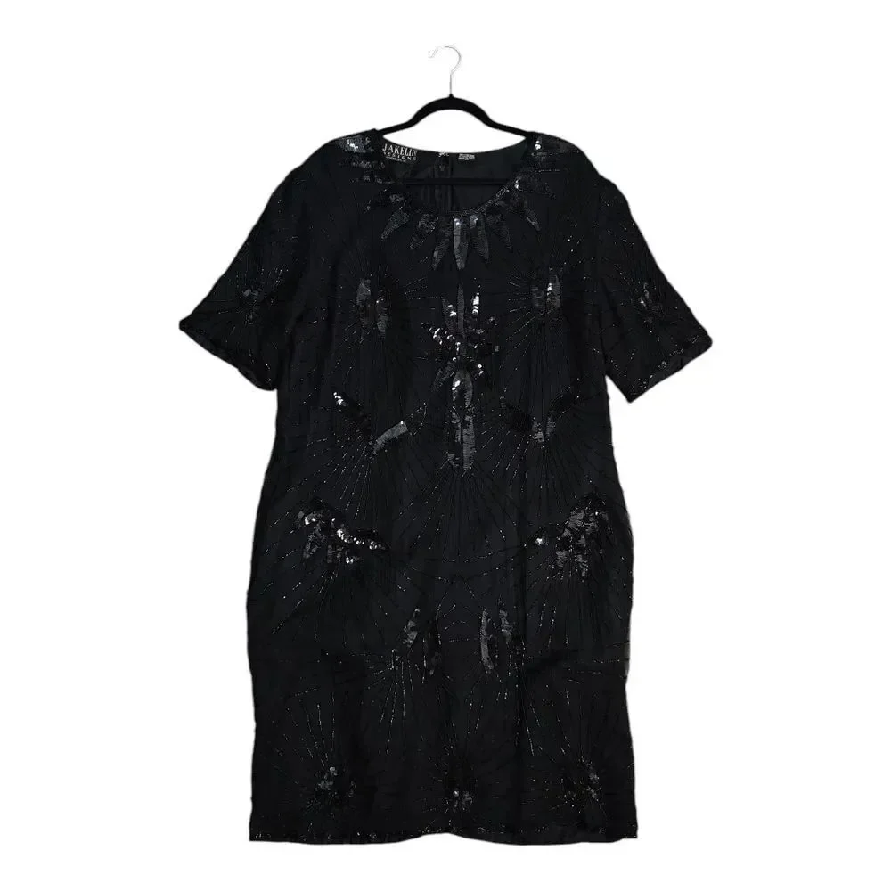 Vintage Jakelin Designs Silk Beaded Chic Black Sequin Midi Dress Size 1X